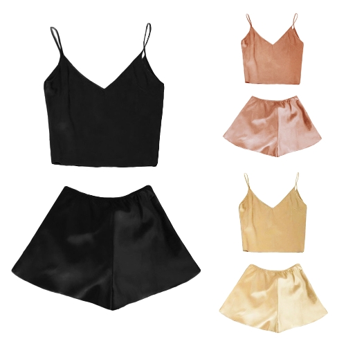 

Sexy Women Silk Satin Pajamas Set Deep V Neck Cami Лучшие шорты PJ Set Ночная рубашка