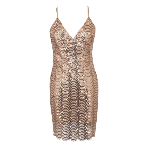 

Women Sequin Dress V Neck Cross Backless Party Club Bodycon Strap Mini Dress Vestidos Gold