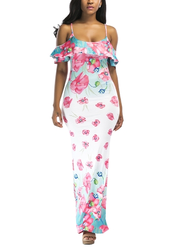 

Cold Shoulder Flower Print Beach Boho Maxi Dress
