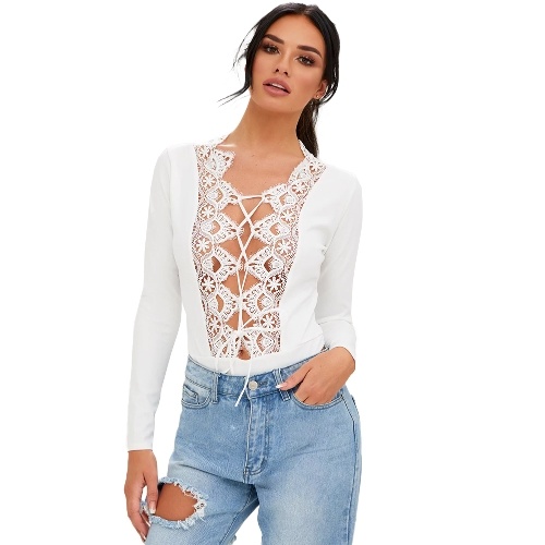 Sexy Women Front Lace Up Thong Bodysuit Long Sleeve Crochet Hollow Out Body Playsuit Jumpsuit