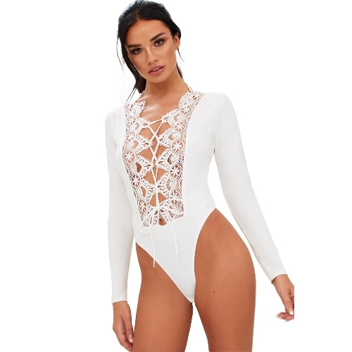 Mujeres sexy frente con cordones tanga body manga larga crochet ahueca hacia fuera cuerpo Mono corto mono
