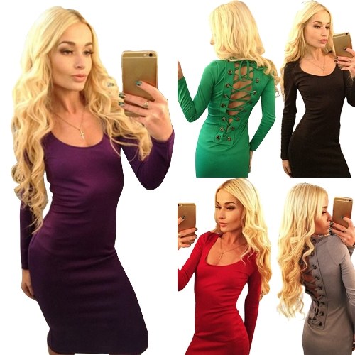 

Sexy Women Bodycon Платье с твердым крест-накрестком, вышитое из выдолбленного платья с длинным рукавом