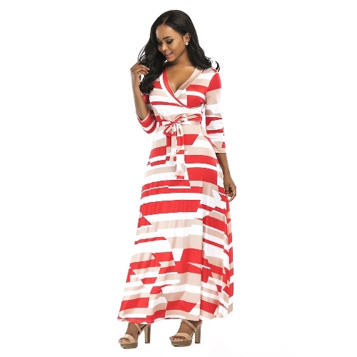 Women Summer Long Maxi Dress Color Block 3/4 Sleeve Boho Beach Dress Evening Party Sundress Vestidos