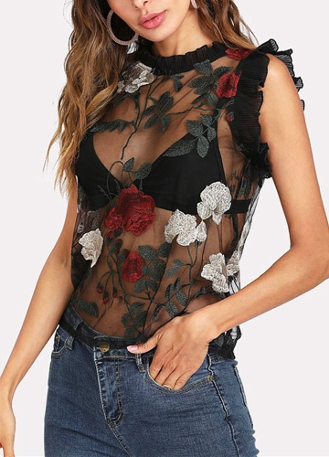 

Sheer Mesh Floral Embroidery Ruffles Sleeveless O-Neck Blouse