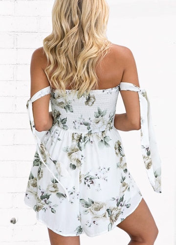 

Sexy Women Backless Floral Print Jumpsuit Off The Shoulder Elastic Drawstring Romper Playsuit Beach Party Short Overalls White/Blue