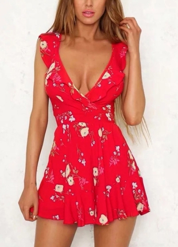

Floral Print Deep V Neck Sleeveless Ruffled Cutout Tie-Back Jumpsuit