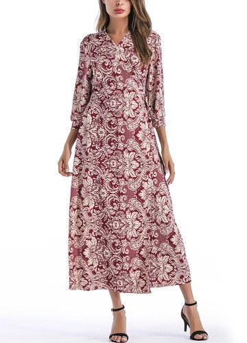 

Vintage Women Floral Print Maxi Dress Cross Front Belt V-Neck 3/4 Sleeves Long Dresses Red