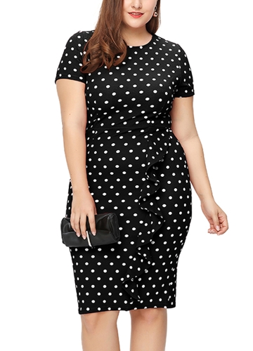 

Plus Size Slim Polka Dot Print Ruffle Split Short Sleeves O-Neck Zipper Mini Bodycon Dress