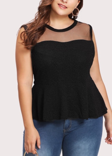 

Plus Size Mesh Splice Sleeveless Ruffle O-neck Elegant Blouse