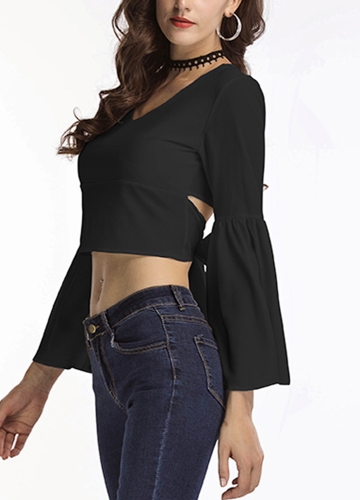 

Обрезная верхняя шифонная факельная втулка V Шея Zip Tie Back Blouse