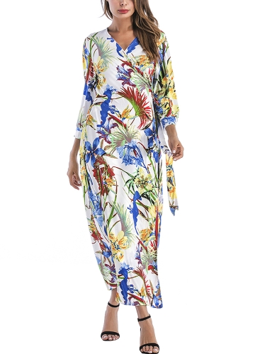 

Bohemian Floral Open Front Tie Waist 3/4 Sleeve High Waist Maxi Dress