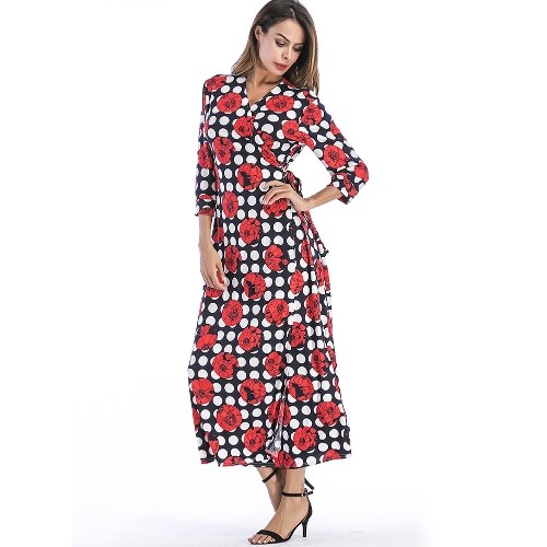 

Elegant Women Maxi Dress Dot Print V Neck Three Quarter Sleeve Bandage Tie Split Slim Long Dress Red