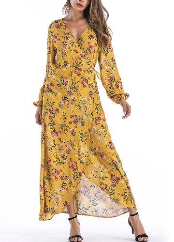 

Цветочная печать V Шея с длинным рукавом Bohemian Beach Maxi Dress