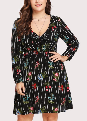 

Plus Size Floral Strappy Front V Neck Long Sleeve Ruffles Dress
