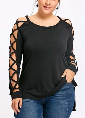 Plus Size High-low Hem Hollow Out Sleeves Casual Loose Shirt