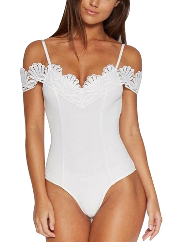 

Off the Shoulder Crocheted Lace Bodysuit Jumpsuit Scalloped V Neckline Playsuit
