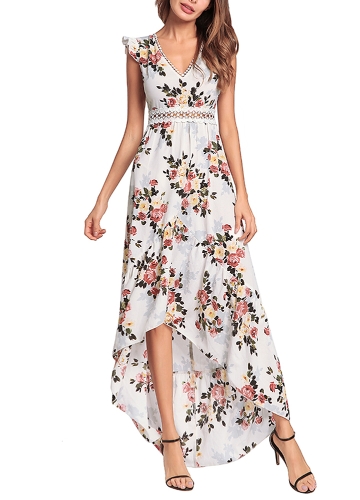 

Chiffon Floral Bohemian V Neck High Low Asymmetric Backless High Waist Maxi Gown Dress