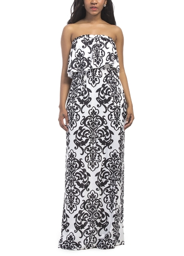 

Plus Size Ethnic Contrast Printed Strapless Bandeau Ruffle Open Back Maxi Dress