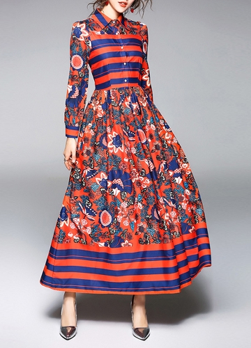 

Bohemian Vintage Flower Print Button Elegant A-Line Swing Long Dress