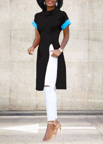 

Сплошной цвет Сплит Длинные футболки Сплайсинг Подробный Turn-Down Collar с коротким рукавом Длинные тройники