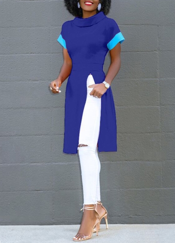 

Solid Color Split Long T-Shirt Splice Detail Turn-Down Collar Short Sleeve Long Tee