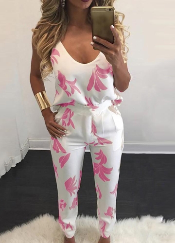 Cami Tank Top Pants Leaf Print V Neck Backless Zip Back Vest Trousers 2Pcs