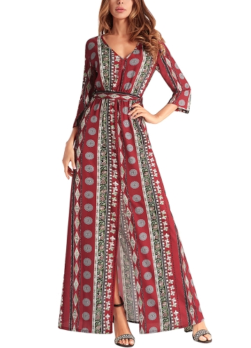 

Шифон Геометрическая печать V Шея 3/4 Рукава сплит Maxi Gown Vintage Bohemian Dress