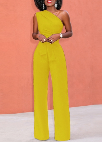 

One Shoulder Casual Jumpsuit Sleeveless Wide Leg High Waist Solid Rompers