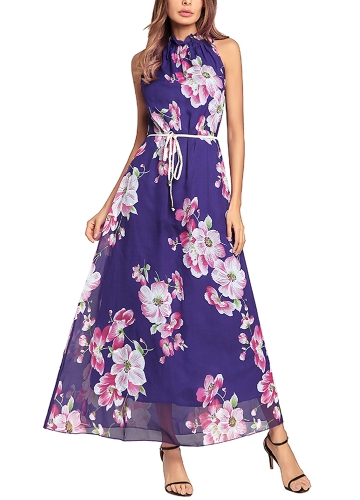

Bohemian Chiffon Floral Print High Neck Sleeveless Ruffle Maxi Gown Dress