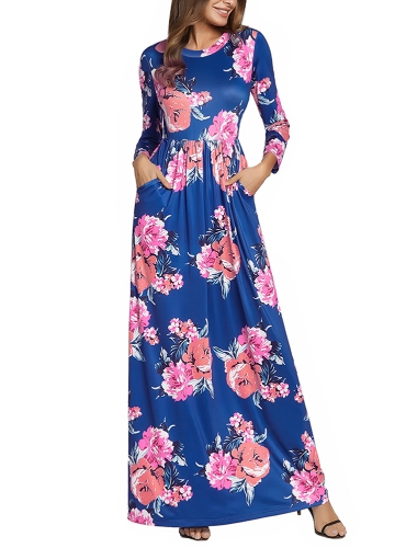 

Bohemian Contrast Floral Print Round Neck High Waist Pockets Maxi Gown Dress