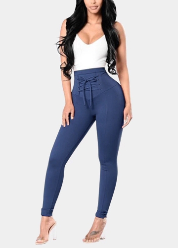 

Lace Up Skinny Брюки Высокие талии Карандаш Брюки Твердые Slim Брюки