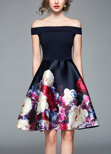 

Off the Shoulder Elegant Floral Print Slash Neck Short Sleeve A-Line Dress