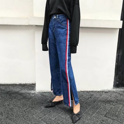 

Sexy Women Skinny Denim Jeans Брюки Side Stripe Сплит Повседневные брюки Синий / Голубой