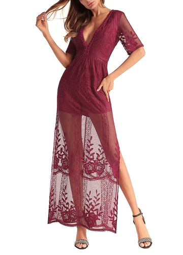 

Sheer Mesh Lace Deep V Neck Half Sleeve Side Split Maxi Dress