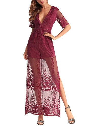

Sheer Mesh Lace Deep V Neck Half Sleeve Side Split Maxi Dress