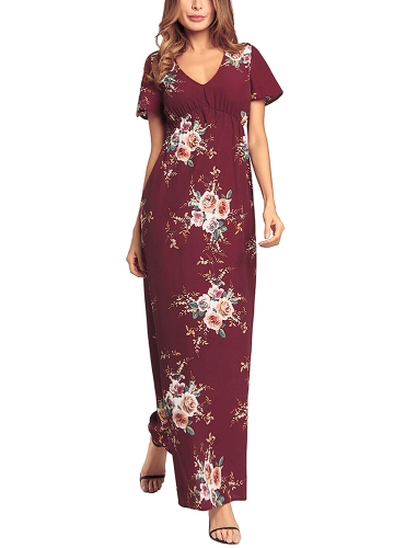 

Богемианская шифоновая флористическая печать Deep V с коротким рукавом Slim Holiday Long Dress