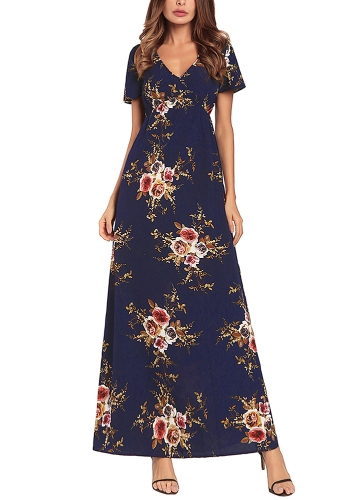 

Bohemian Chiffon Floral Print Deep V Short Sleeve Slim Holiday Long Dress