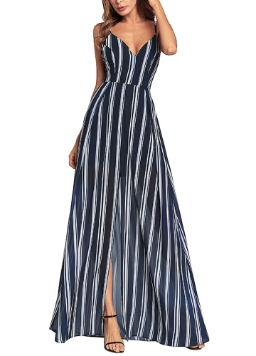 

Шифон полосатый V шеи Сплит Tie-Back без рукавов Slim Maxi платье