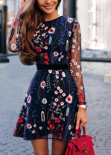 

Floral Embroidery Sheer Mesh Summer Bohemian Mini Dress