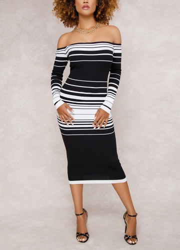 

Striped Off Плечо с длинным рукавом Party Club Tube Midi Dress