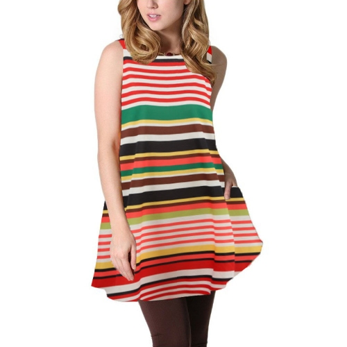 

Sleeveless Loose Colorful Stripes O-Neck Pockets Casual Elegant Mini Dresses