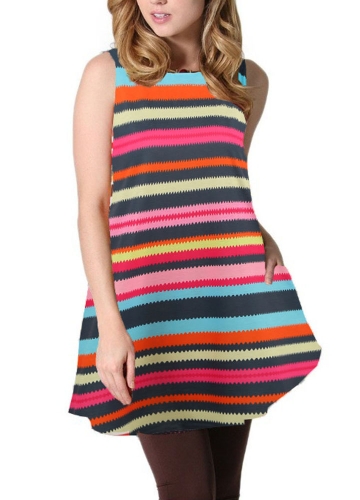 

Sleeveless Loose Colorful Stripes O-Neck Pockets Casual Elegant Mini Dresses