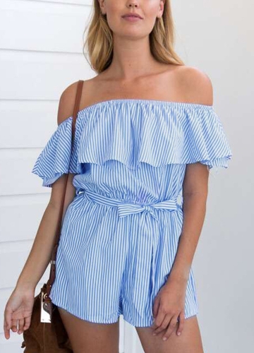 

Striped Off the Shoulder Ruffle Slash Neck High Waist Belt Playsuit