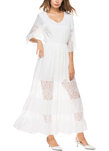 

Sheer Lace Splice Half Sleeves V-Neck Elastic Waist Maxi Dress