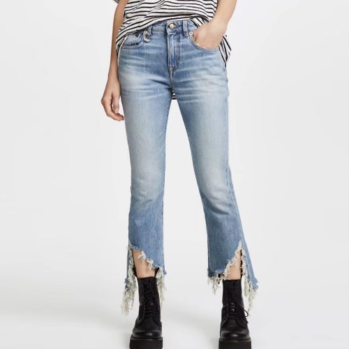 

Fringed Denim Split Hem Flare Pants Washed Jeans