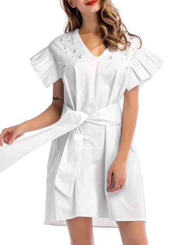 

Cotton Beading V Neck Drop Shoulder Belted Waist Tunic Dress