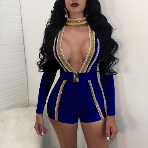 

Plunge Choker Striped Glitter Short Jumpsuit Belted Waist Long Sleeve Skinny Rompers