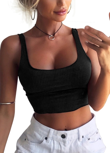 

Knitted Crop Top Scoop Neck Solid Short Vest Tees