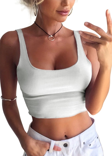 

Knitted Crop Top Scoop Neck Solid Short Vest Tees