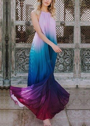 

Boho Chiffon Backless Pleated Dress Sleeveless Halter Maxi Dress
